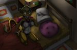  bed bed_covers bedding breasts carpet clock clothing ear_piercing feline female hair haircut heterochromia inside kneeling lamp lift_clothing lion looking_at_viewer mammal nipples painting panties pawpads piercing pillow playful plejman shirt sitting tongue tongue_out underwear 