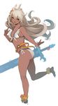  :d ahoge anklet ass bangs bare_arms bare_shoulders barefoot belt bikini blush breasts brown_eyes cleavage collarbone dark_skin flat_ass flower from_behind front-tie_bikini front-tie_top full_body granblue_fantasy hair_between_eyes hair_flower hair_ornament hanarito hibiscus jewelry kneepits leg_up long_hair looking_back medium_breasts open_mouth sheath sheathed side-tie_bikini sideboob silver_hair simple_background smile solo standing standing_on_one_leg swimsuit sword weapon white_background white_bikini zooey_(granblue_fantasy) 