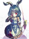  animal_ears blood blood_on_face bloody_clothes bloody_weapon blue_dress blue_hair bunny_ears dress ear_clip from_above hammer kine long_hair low_twintails mallet one_eye_closed puffy_sleeves red_eyes seiran_(touhou) short_sleeves solo touhou twintails weapon white_background zounose 