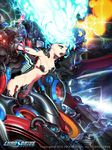  1girl bad_id bad_pixiv_id blue_eyes blue_hair cable chaos_drive company_name copyright_name electricity energy fire glowing glowing_hair hichi highres long_hair machine nude official_art open_mouth original solo teardrop tears tube venus_(chaos_drive) very_long_hair 