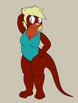  aetherouranos anthro big_breasts breasts clothing female juniper looking_at_viewer mammal mustelid otter simple_background solo swimsuit 