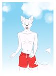  boblios canine clothed clothing cloud fur male mammal open_mouth shorts simple_background smile solo topless white_fur 