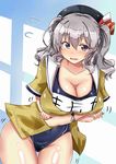  alternate_costume beret blush breasts chan_(akuty_ikkot) character_name cleavage cosplay embarrassed flying_sweatdrops hair_between_eyes hat highres i-26_(kantai_collection) i-26_(kantai_collection)_(cosplay) kantai_collection kashima_(kantai_collection) large_breasts long_hair looking_at_viewer new_school_swimsuit one-piece_swimsuit open_mouth school_swimsuit shiny shiny_skin silver_hair solo swimsuit swimsuit_under_clothes thigh_gap thighs wavy_hair wavy_mouth 