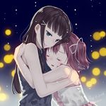  2girls artist_name bad_id bad_pixiv_id bangs bare_shoulders black_hair blue_background closed_eyes commentary_request dated gradient gradient_background green_eyes hair_tie hug kurosawa_dia kurosawa_ruby long_hair love_live! love_live!_sunshine!! mole mole_under_mouth multiple_girls night red_hair shirt siblings sisters sleeveless sleeveless_shirt smile tears tomiwo two_side_up 
