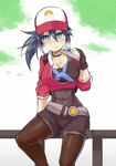  backpack bag blue_eyes blue_hair blush breasts brown_legwear choker cleavage cosplay covered_navel female_protagonist_(pokemon_go) female_protagonist_(pokemon_go)_(cosplay) fingerless_gloves gloves hair_between_eyes imura_(shiro_maru) jacket large_breasts long_hair looking_to_the_side open_clothes open_jacket original pantyhose pantyhose_under_shorts pokemon pokemon_go shiro_maru shorts sitting solo sweat 