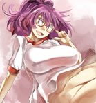  adjusting_eyewear bespectacled bottomless breasts commentary_request fangs glasses large_breasts looking_at_viewer navel open_mouth ponytail purple_hair red-framed_eyewear red_eyes shirt smile solo t-shirt touhou yasaka_kanako yohane 