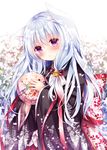  animal_ears bell blush cat_ears hair_bell hair_ornament holding japanese_clothes jingle_bell kimono long_hair long_sleeves looking_at_viewer nogi_takayoshi original parted_lips purple_eyes silver_hair solo upper_body wide_sleeves yukata 