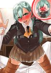  1girl admiral_(kantai_collection) aqua_hair arm_holding ascot blazer blush breasts brown_legwear buttons crying flying_sweatdrops full-face_blush hair_ornament hairclip hand_on_another's_arm jacket kantai_collection large_breasts long_hair looking_at_viewer mrdotd open_mouth pleated_skirt pov school_uniform skirt solo_focus suzuya_(kantai_collection) tears thighhighs thought_bubble twitter_username uniform zettai_ryouiki 