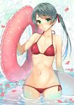  alternate_costume arms_at_sides bangs bare_shoulders bikini blush body_mahattaya_ginga breasts collarbone cowboy_shot day eyebrows eyebrows_visible_through_hair green_eyes green_hair groin hair_ribbon halter_top halterneck innertube kantai_collection lips long_hair mikuma_(kantai_collection) navel open_mouth petals petals_on_liquid red_bikini red_ribbon ribbon ribs side-tie_bikini skindentation small_breasts solo standing stomach swept_bangs swimsuit thighs twintails wading water wide_hips 