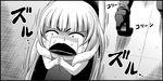  aoki_hagane_no_arpeggio bangs blunt_bangs chibi cloak comic crying dragging fur_trim greyscale hands_together high_heels i-402_(aoki_hagane_no_arpeggio) kaname_aomame long_hair monochrome on_floor sleeveless streaming_tears sweatdrop tears tile_floor tiles translation_request trembling wide-eyed wide_face 