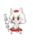  :3 animal_ears black_eyes black_skirt blush_stickers chibi crossed_arms detached_sleeves hat inubashiri_momiji pom_pom_(clothes) simple_background skirt solo standing tail tokin_hat touhou translated turtleneck white_background white_hair wide_sleeves wolf_ears wolf_tail zannen_na_hito 