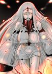  breasts cleavage clenched_teeth covered_nipples detached_sleeves dress embers glowing glowing_eyes horn injury kantai_collection large_breasts long_hair mrdotd orange_eyes ribbed_dress seaport_hime shinkaisei-kan short_dress solo teeth torn_clothes twitter_username very_long_hair white_hair 