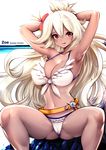  armpits arms_behind_head arms_up belt bikini blush breasts cleavage dark_skin flower front-tie_top granblue_fantasy hair_flower hair_ornament large_breasts long_hair navel open_mouth rock simple_background sitting solo souryu swimsuit white_background white_bikini zooey_(granblue_fantasy) 