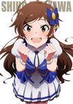  blush brown_eyes brown_hair character_name grateful_blue hair_ornament idolmaster idolmaster_million_live! kitazawa_shiho long_hair looking_at_viewer messy_hair nanakura_nanane open_mouth smile solo 