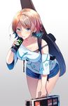  blue_eyes breasts brown_hair can cleavage energy_drink guitar_case instrument_case large_breasts love_live! love_live!_sunshine!! monster_energy short_hair solo sweat translated ultone_(neisiss) watanabe_you 
