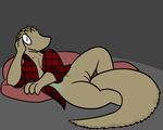  2016 aliasing anthro clothed clothing digital_media_(artwork) female flannel inside lizard pussy reptile scalie shirt simple_background solo trout_(artist) trout_(character) 