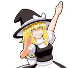  apron arm_up black_dress blonde_hair bow commentary_request dress eyebrows eyebrows_visible_through_hair frills grin hair_between_eyes hair_bow hat hat_bow hat_ribbon kirisame_marisa long_hair looking_at_viewer pose puffy_short_sleeves puffy_sleeves ribbon short_sleeves simple_background smile solo teeth touhou usain_bolt white_bow witch_hat yamato_damashi 