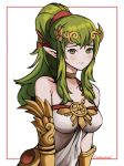  1girl absurdres bare_shoulders blush breasts chiki choker closed_mouth collarbone commentary cosplay crown dress english_commentary fire_emblem fire_emblem:_kakusei gold_choker green_eyes green_hair hair_ornament hair_ribbon headpiece highres jewelry kid_icarus kid_icarus_uprising light_smile long_hair looking_at_viewer mamkute medium_breasts nintendo open_eyes palutena palutena_(cosplay) pointy_ears ponytail ribbon smile solo strapless strapless_dress super_smash_bros. super_smash_bros._ultimate the_kingduke twitter_username white_background white_dress 