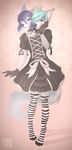  2016 anthro blue_eyes clothed clothing conjoined crossdressing dai-dai damien_and_camille duo girly gloves gothic_lolita hi_res legwear lolita_(fashion) male mammal multi_head smile stockings striped_legwear striped_stockings stripes 