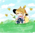  :&gt; alternate_costume arm_up bug butterfly chin_strap closed_eyes cloud commentary day eyebrows eyebrows_visible_through_hair flower flower_request fox_tail grass hand_on_headwear hat hat_with_ears highres holding holding_flower insect komaku_juushoku multiple_tails overalls plant short_hair sitting sitting_on_ground sleeveless smile solo straw_hat suspenders tail touhou two_tails wheat_grass yakumo_ran younger 