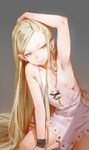  arm_up armpits bare_arms bare_legs bare_shoulders blonde_hair breasts closed_mouth dress hand_on_own_head highres kiss-shot_acerola-orion_heart-under-blade kizumonogatari kneeling long_hair monogatari_(series) no_pupils oshino_shinobu pointy_ears sleeveless sleeveless_dress small_breasts smile solo tim_loechner very_long_hair white_dress wristband yellow_eyes 