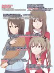  bandages bangs boko_(girls_und_panzer) brown_eyes brown_hair check_commentary commentary commentary_request girls_und_panzer hair_between_eyes hair_ribbon hairband highres hug hug_from_behind instrument jacket kantele long_hair long_sleeves mature mika_(girls_und_panzer) mother_and_daughter multiple_girls ribbon school_uniform shimada_arisu shimada_chiyo side_ponytail smile stuffed_animal stuffed_toy teddy_bear track_jacket translation_request unpale 