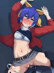  1girl aqua_eyes blue_hair bra breasts censored cleavage clenched_teeth closed_mouth clothed_sex full-face_blush grey_skirt lying nanashi_maru navel on_back panties_around_leg ribbon serena_(yuu-gi-ou_arc-v) sex shirt_lift two-tone_hair vaginal yu-gi-oh! yuu-gi-ou_arc-v 