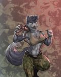  abs athletic belt boots camo canid canine canis clothing dog dog_tags female footwear gun husky mammal marsonaut midriff muscular pants ranged_weapon rifle smile soldier uniform weapon 