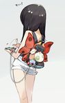  1girl amiami backpack black_hair female from_behind phone poke_ball pokemon pokemon_go short_shorts shorts solo thigh_gap volcarona woobat yoshi_egg 