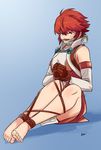  ahoge armor bare_legs bare_shoulders barefoot bdsm blue_background blush bondage bound bound_ankles bound_legs bound_wrists breastplate breasts brown_gloves detached_sleeves fire_emblem fire_emblem_if full_body gag gloves hair_between_eyes highres hinoka_(fire_emblem_if) improvised_gag long_sleeves lost_one_zero no_legwear own_hands_together red_eyes red_hair red_rope restrained rope shibari short_hair signature simple_background sitting small_breasts solo stuffed_gag toes 