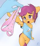  2016 anthro anthrofied blush bottomless clothed clothing cub embarrassed equine female friendship_is_magic hair holding_panties horse mammal mdgusty my_little_pony offscreen_character panties pegasus pony purple_hair pussy rainbow_dash_(mlp) scootaloo_(mlp) shirt_pull underwear wings young 