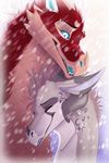 dragon duo eyebrow_piercing facial_piercing female feral fur furred_dragon horn lip_piercing male open_mouth piercing smile snow terryburrs 