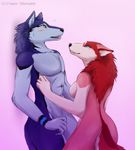  anthro blush breasts canine duo eternity_zinogre fangs featureless_breasts female male male/female mammal navel nude open_mouth simple_background smile standing teeth wolf 