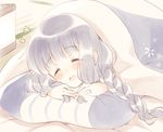  :d ^_^ alternate_hair_color blush braid closed_eyes eyebrows eyebrows_visible_through_hair futon jewelry kantai_collection kitakami_(kantai_collection) komi_zumiko long_hair lying on_floor on_stomach open_mouth pillow ring silver_hair smile solo under_covers wedding_band 