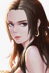  absurdres artist_name bare_shoulders black_hair blue_eyes boa_hancock closed_mouth earrings from_side highres jewelry long_hair looking_at_viewer looking_to_the_side one_piece portrait red_lips shade simple_background smile snake_earrings solo upper_body white_background yus 