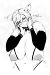  1girl animal_ears blush breasts glasses greyscale hands_on_own_face huge_breasts lactation large_nipples milf monochrome orushibu plump solo 