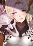  1girl 2016 armor blonde_hair blue_eyes blush bodysuit breasts close-up dated gloves high_ponytail large_breasts leafyanna light_smile lips long_hair looking_at_viewer mask mechanical_halo mercy_(overwatch) on_shoulder overwatch ponytail reaper_(overwatch) signature upper_body wings 