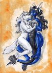  anthro blackdiaraikia breasts canine cuddling dragon duo featureless_crotch female mammal navel nude pawpads riviena spread_legs spreading wolf 