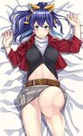  1girl blue_hair blush bracelet grey_skirt lying on_bed ribbon serena_(yuu-gi-ou_arc-v) shirt_lift solo_focus two-tone_hair yu-gi-oh! yuu-gi-ou_arc-v 