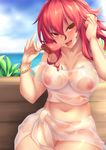  bare_shoulders breasts elesis_(elsword) elsword fi-san food highres large_breasts long_hair nipples open_mouth popsicle red_eyes red_hair sarong see-through sexually_suggestive sitting solo tongue tongue_out 