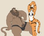  2016 5_fingers anthro beard belly bikini body_hair brown_fur brown_hair brown_stripes bulge clothed clothing digital_media_(artwork) duo ear_piercing facial_hair facial_piercing feline female fur hair hands_above_head happy_trail jalen_(ritts) larger_male lion male male/female mammal mane mature_male multicolored_fur navel nipples nose_piercing one_eye_closed orange_eyes orange_fur overweight piercing rebecca_tanner ritts septum_piercing simple_background sitting size_difference smaller_female smile standing stretching stripes swimsuit tan_background tiger topless white_fur wink 