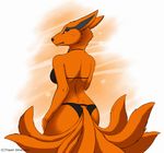  anthro bikini butt canine clothed clothing eternity_zinogre female fox fur looking_at_viewer looking_back mammal orange_fur simple_background solo swimsuit 
