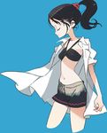  1girl amiami black_hair blue_background eyes_closed female midriff navel ponytail profile short_shorts shorts simple_background solo 