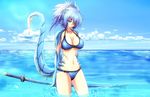  annes_(g) bikini blue_eyes blue_hair breasts dragon_girl dragon_tail g_(desukingu) highres horns katana large_breasts looking_at_viewer navel ocean one_eye_closed original scar solo swimsuit sword tail wading weapon 