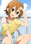  alternate_hairstyle between_legs blush brown_eyes brown_hair casual hair_down hand_between_legs indian_style k-on! kisuke_(akutamu) open_mouth short_hair shorts sitting smile solo tainaka_ritsu tank_top 