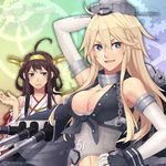  annoyed black_eyes blonde_hair blue_eyes breasts brown_hair cannon cleavage double_bun elbow_gloves fingerless_gloves front-tie_top gloves hairband headgear iowa_(kantai_collection) kantai_collection kongou_(kantai_collection) large_breasts long_hair multiple_girls mzroas nontraditional_miko ribbon-trimmed_sleeves ribbon_trim star star-shaped_pupils symbol-shaped_pupils 