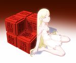  :3 barefoot blonde_hair collarbone copyright_name dress highres kiss-shot_acerola-orion_heart-under-blade kizumonogatari long_hair looking_at_viewer monogatari_(series) pointy_ears ryos-room-eden sitting sleeveless sleeveless_dress slit_pupils smile solo strap_slip wariza white_background yellow_eyes 