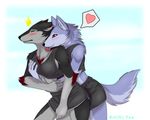  &lt;3 anthro blush breast_fondling breasts canine clothed clothing duo eternity_zinogre eyes_closed female female/female fondling fur hand_on_breast mammal simple_background smile tongue tongue_out wolf 