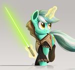  amber_eyes clothed clothing cutie_mark equine eyelashes female feral friendship_is_magic fur green_fur green_hair hair hi_res hooves horn lightsaber lyra_heartstrings_(mlp) magic mammal my_little_pony ncmares simple_background smile solo standing star_wars unicorn white_hair 