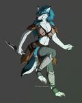  anthro armor big_breasts breasts canine clothed clothing eternity_zinogre female fur hair knife mammal navel simple_background smile solo tongue tongue_out wolf 
